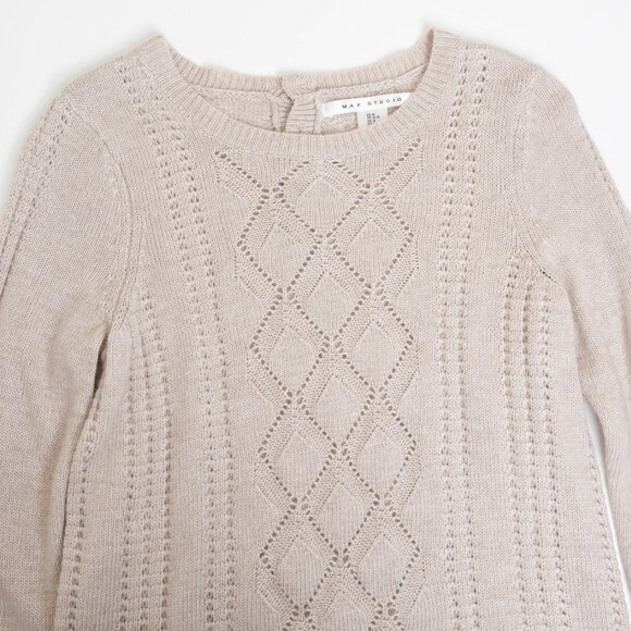 Max Studio Sweater Merino Wool Blend Beige Diamond Knit Pullover Medium - Picture 4 of 12
